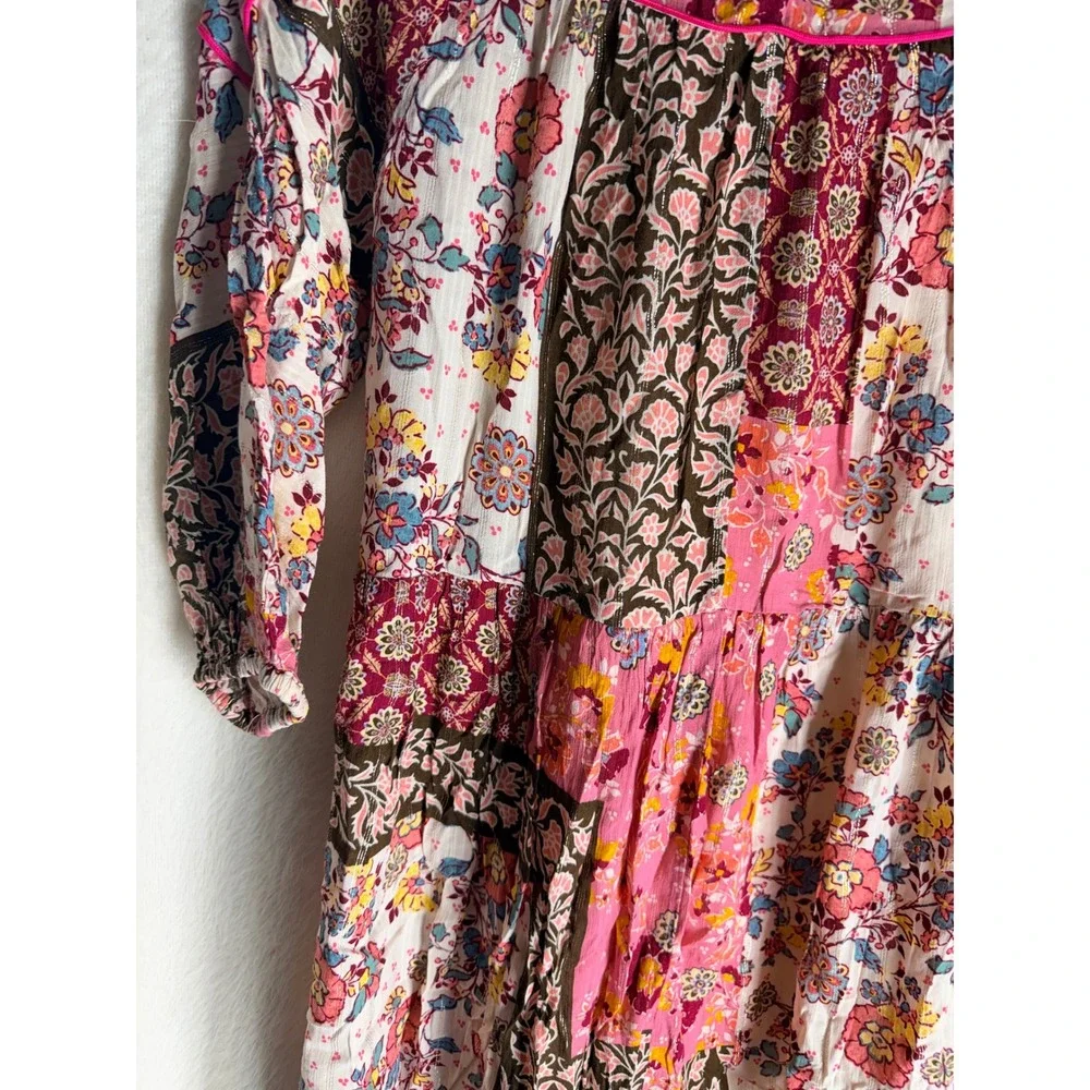 Zara Kids Girls Patchwork Floral Tiered Dress Pink Brown Size 11-12 Boho